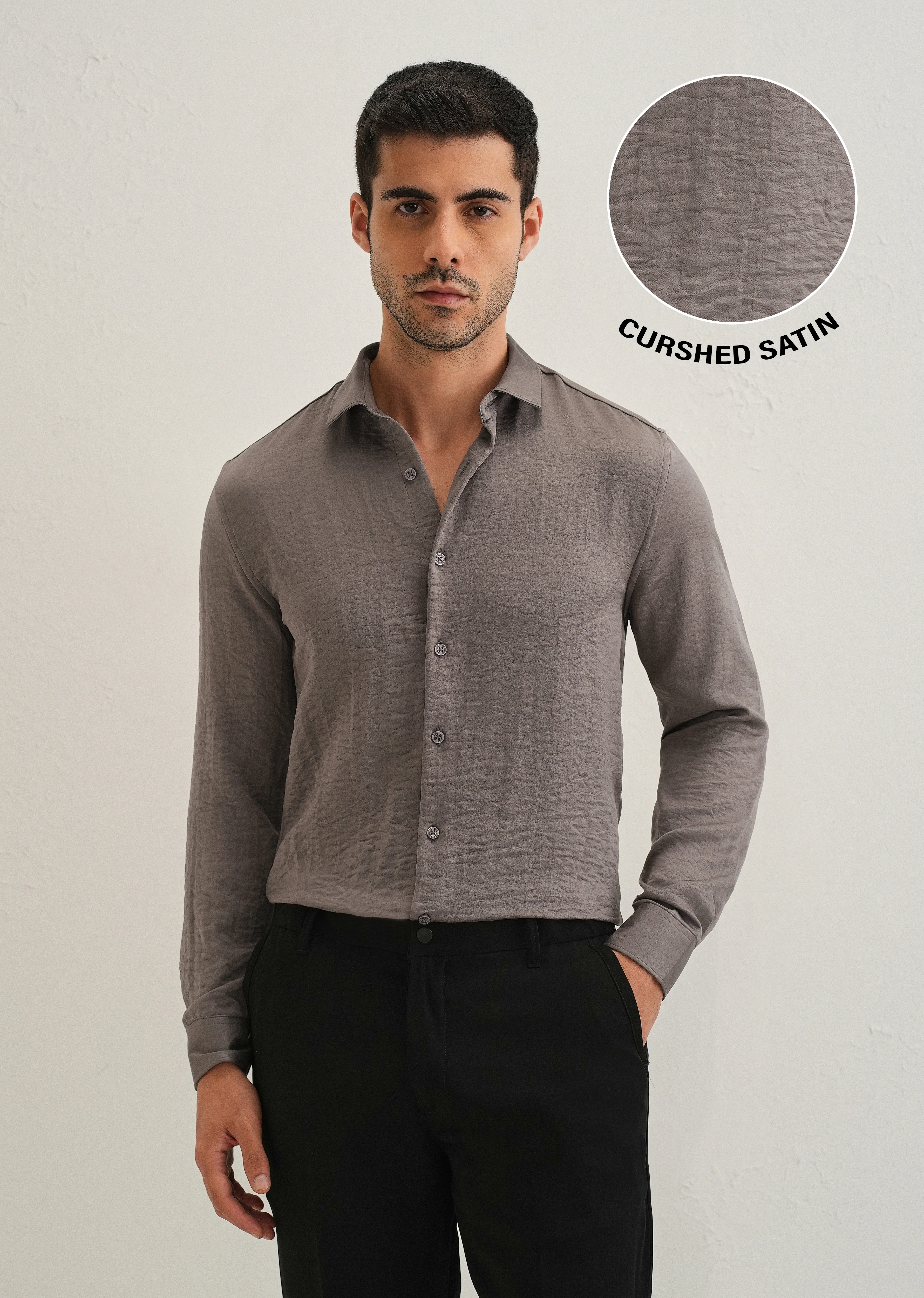 Ash Grey Plain Crushed Satin Shirt