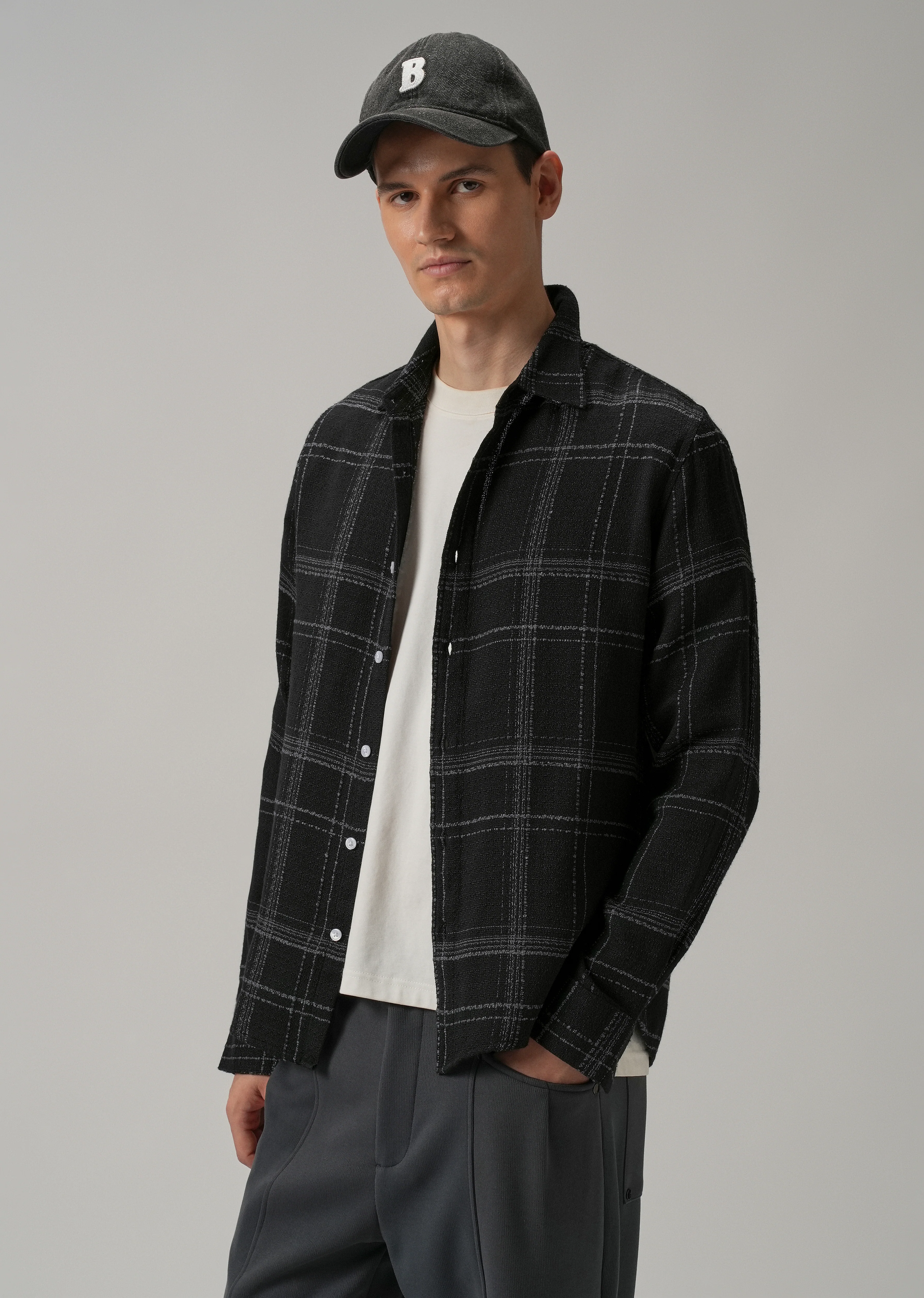 Black Plaid Textured Cotton Check Shirt