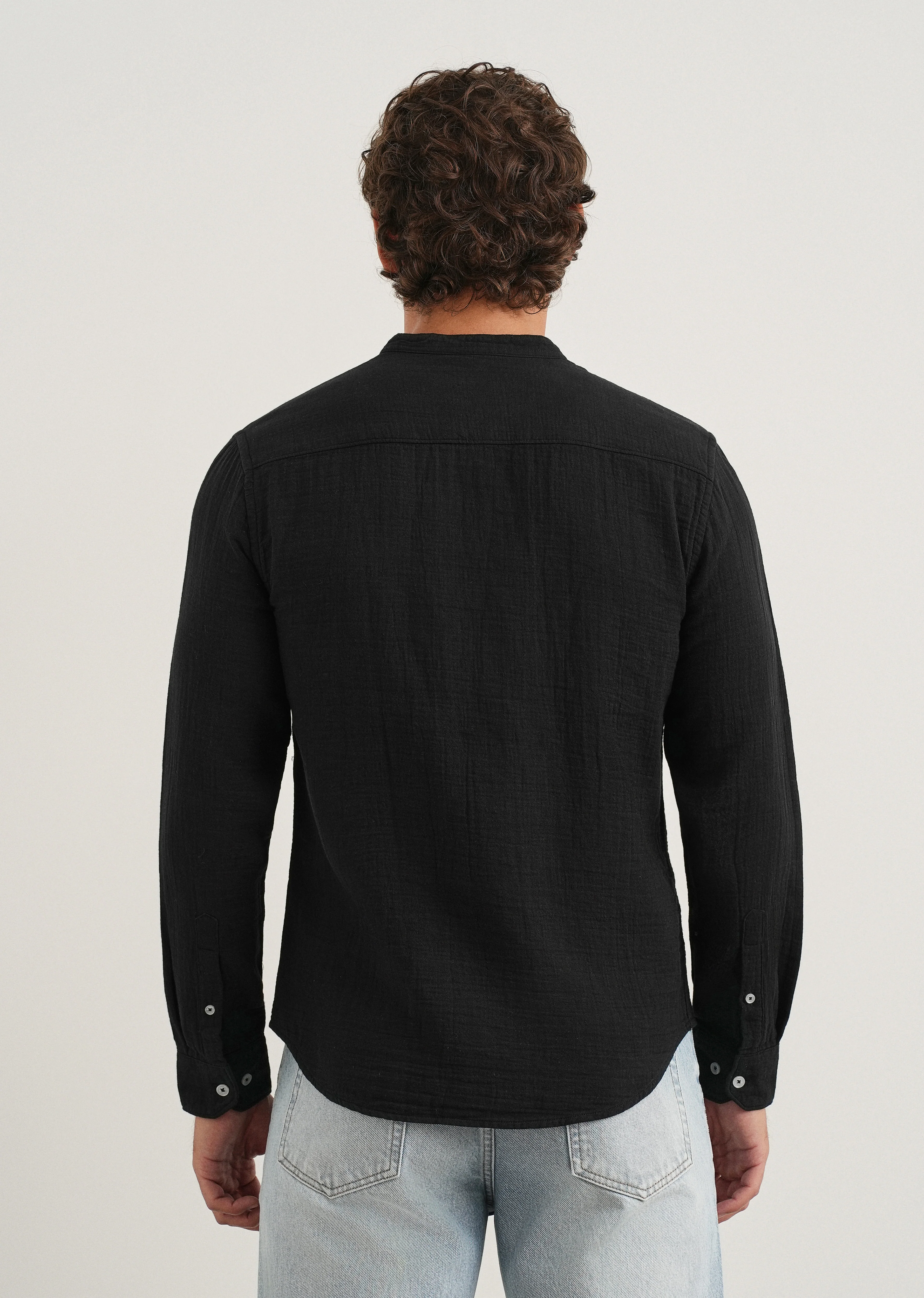 Black Plain Mandarin Collar Cotton Shirt - Image 2