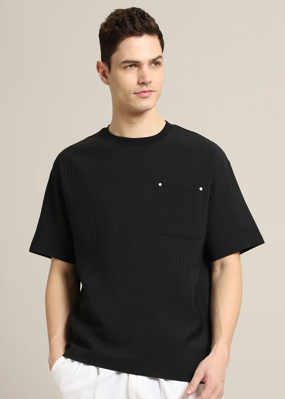 Black Plain Textured Oversized T-shirt