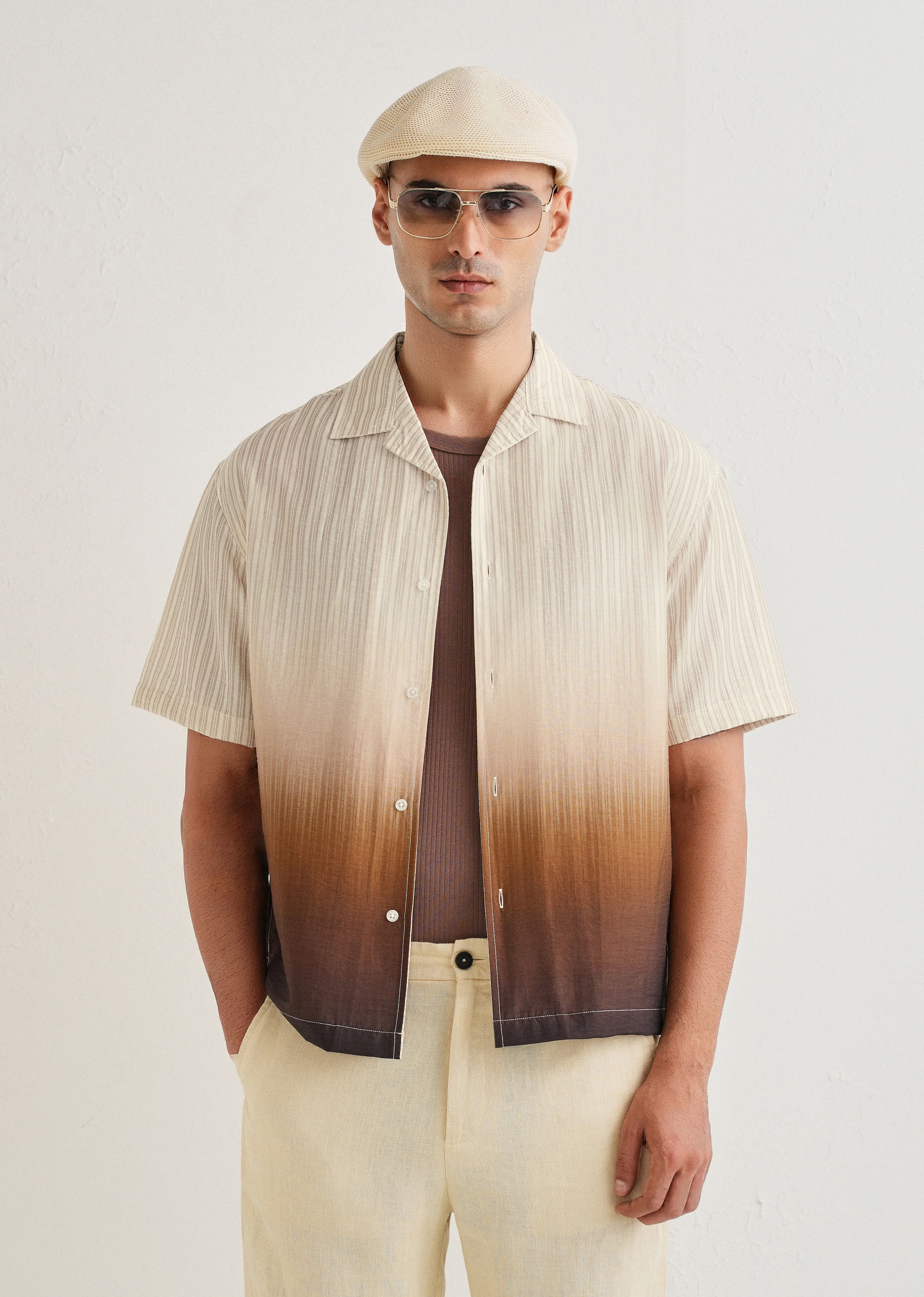 Brown Ombre Stripe Placement Print Shirt