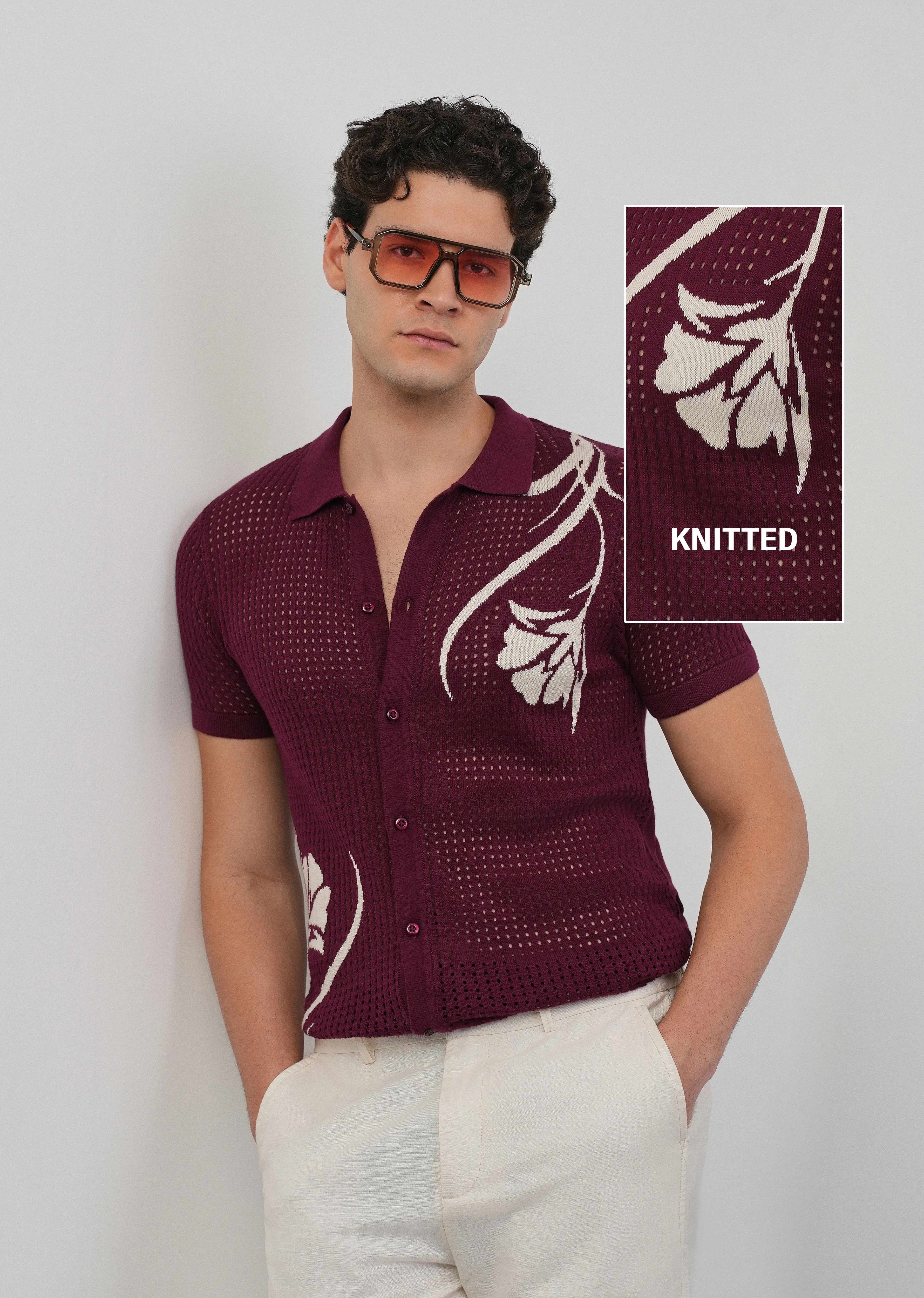Burgundy Floral Open Knit Shirt