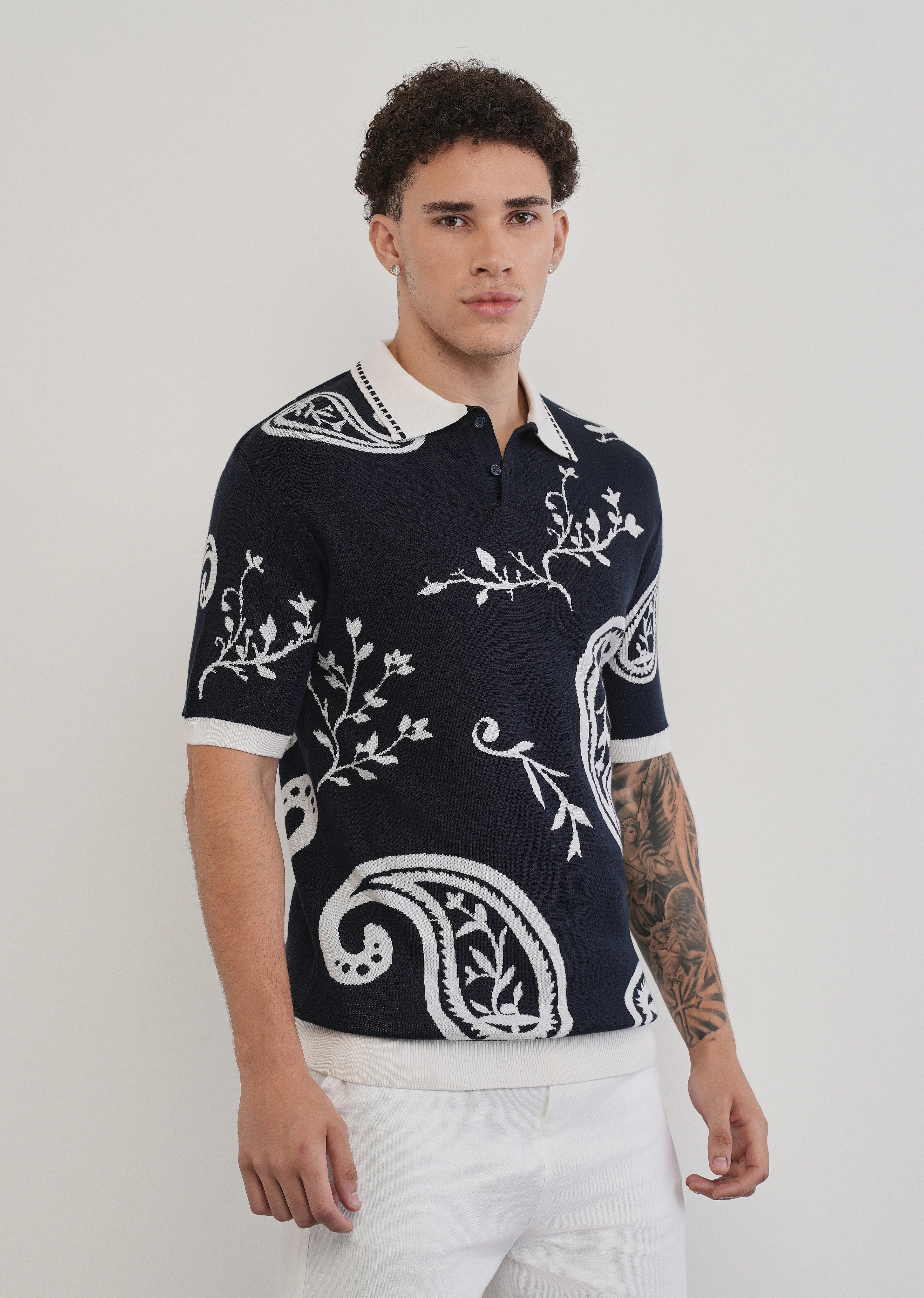 Cotton Navy Paisley Knitted Polo - Image 4