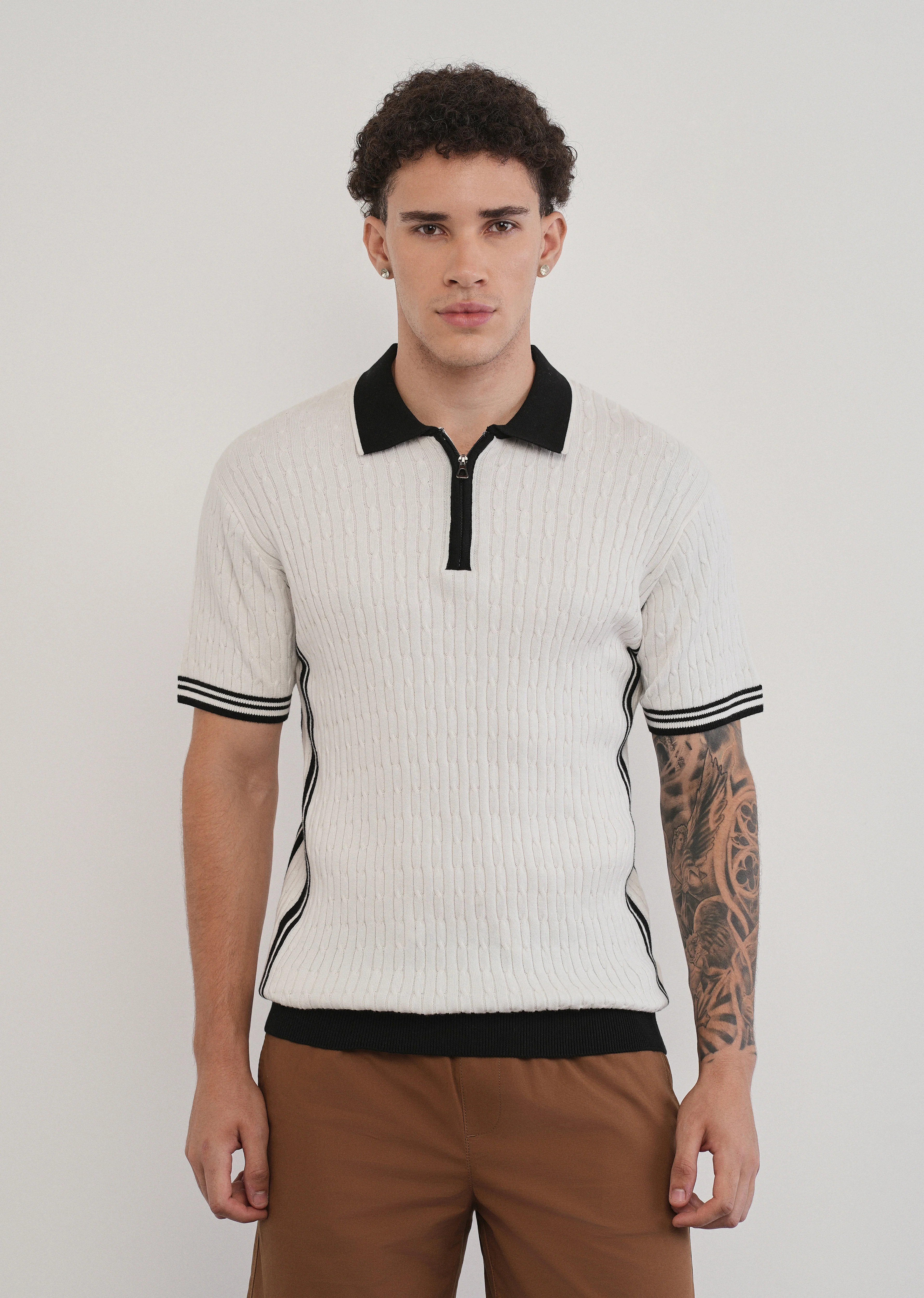 Cotton Quarter Zipper Cable Knitted Polo - Image 3