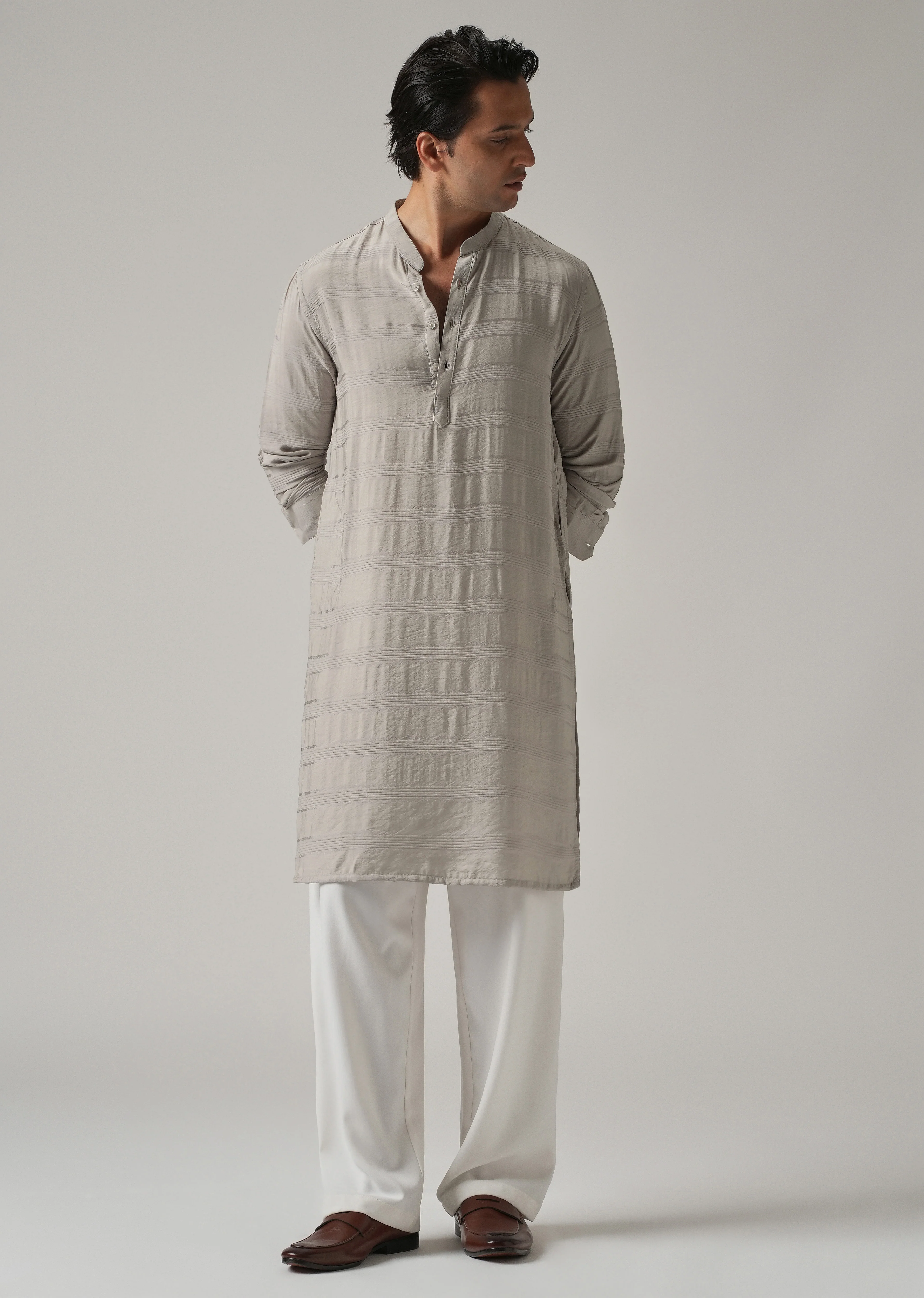Dark Grey Nylon Subtle Stripe Kurta