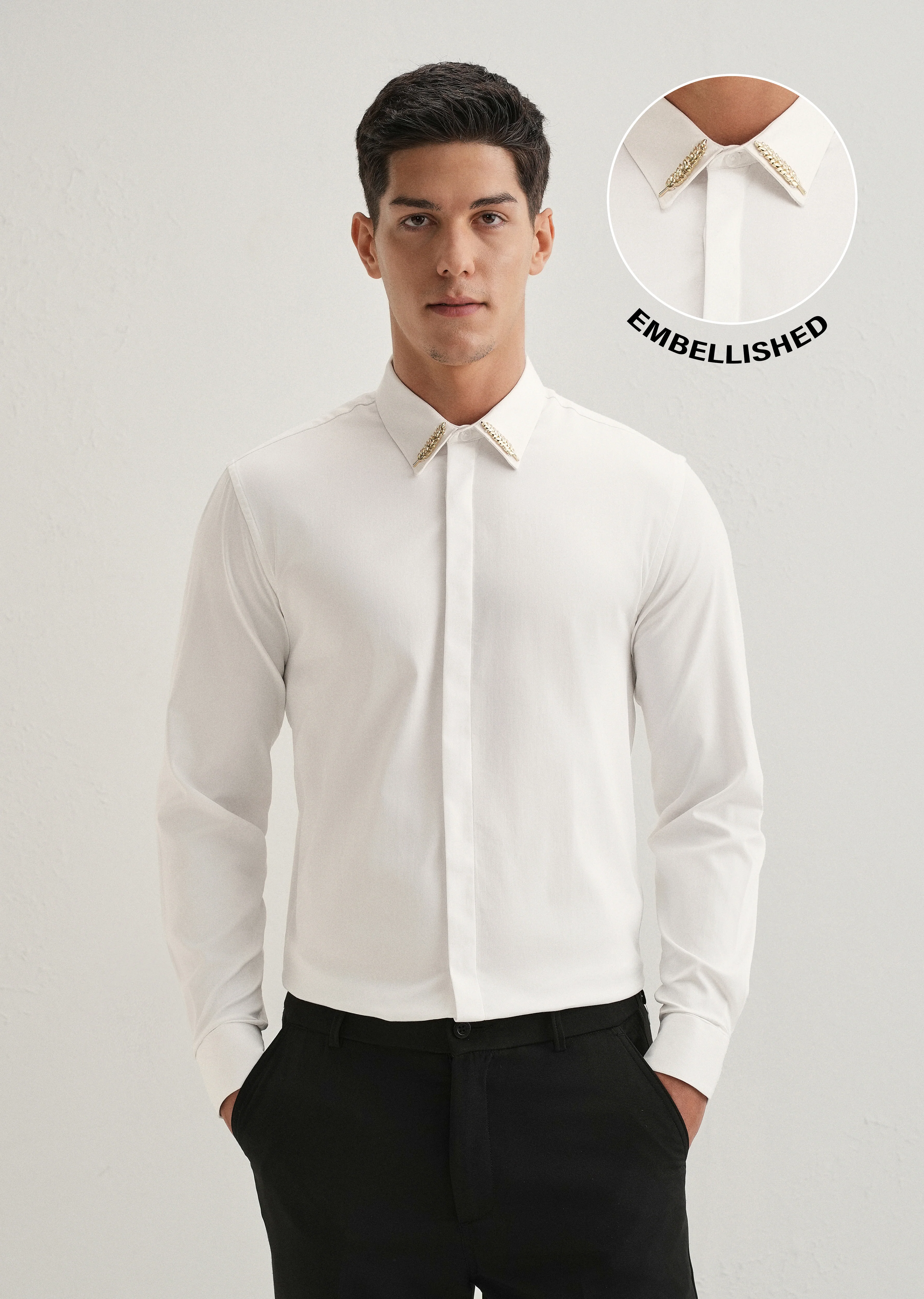 Gold Embellished Collar White Designer Shirt