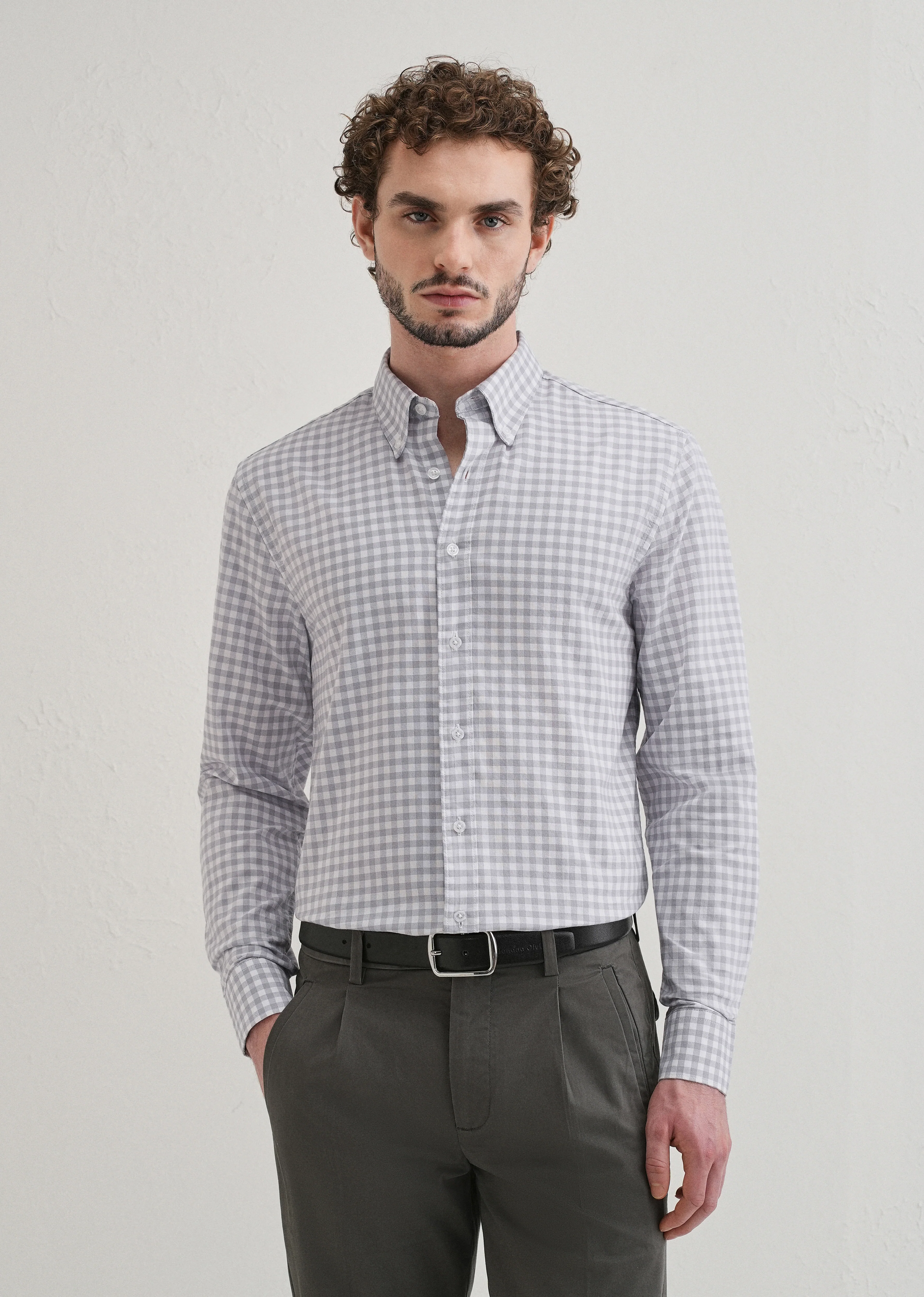 Grey Gingham Check Cotton Oxford Shirt