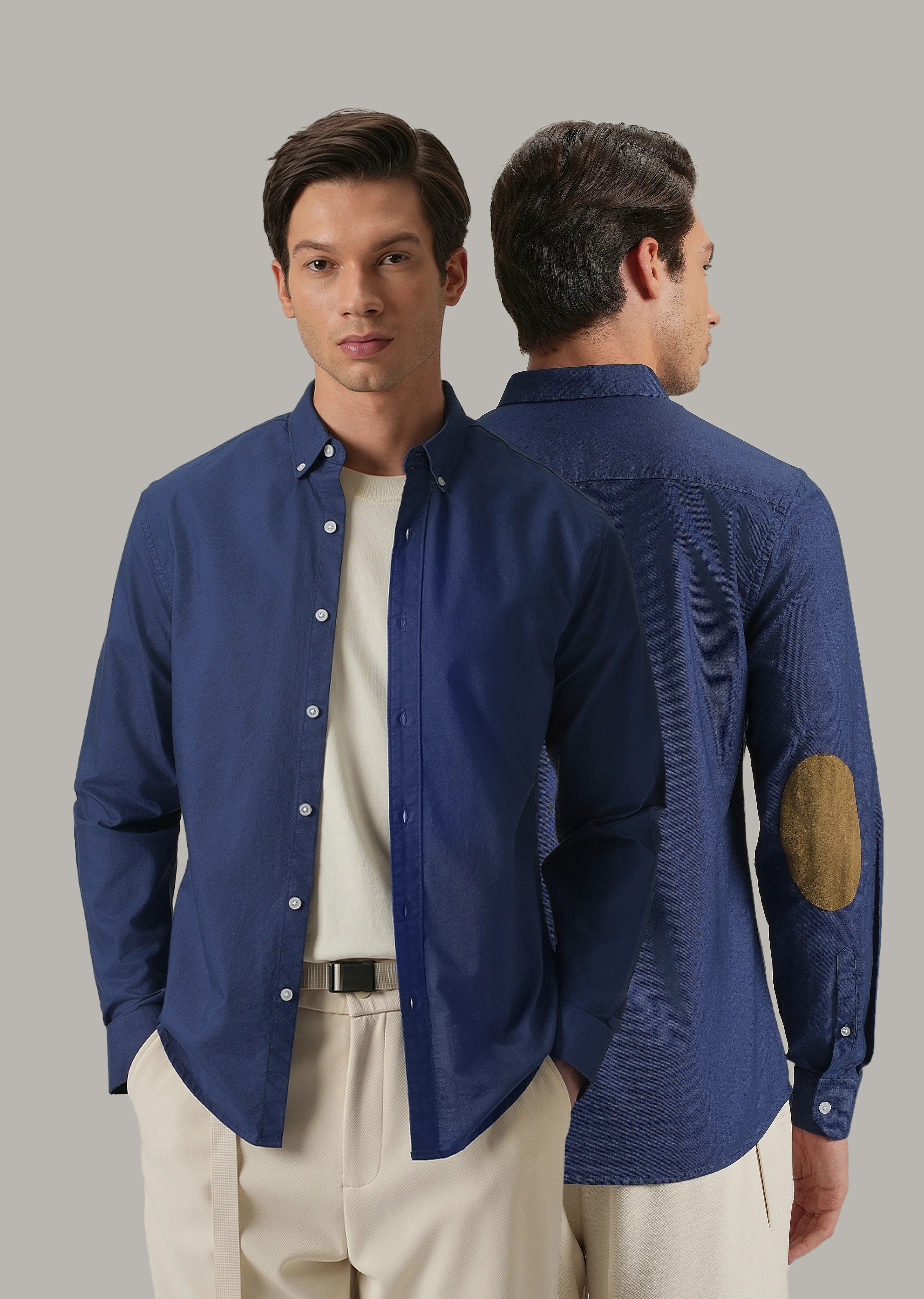 Indigo Blue Plain Elbow Patch Oxford Shirt