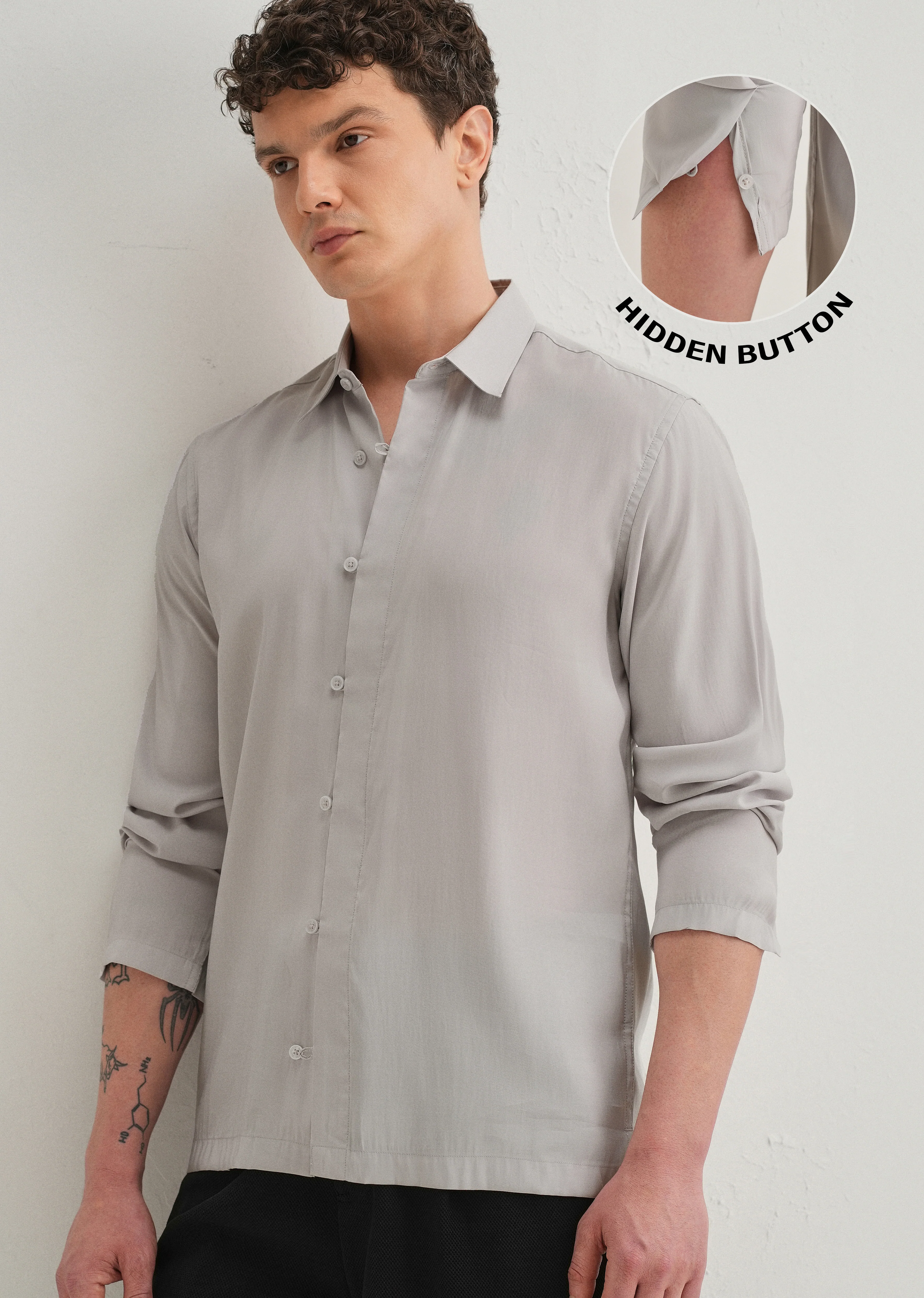 Light Grey Loop Button-Down Plain Shirt