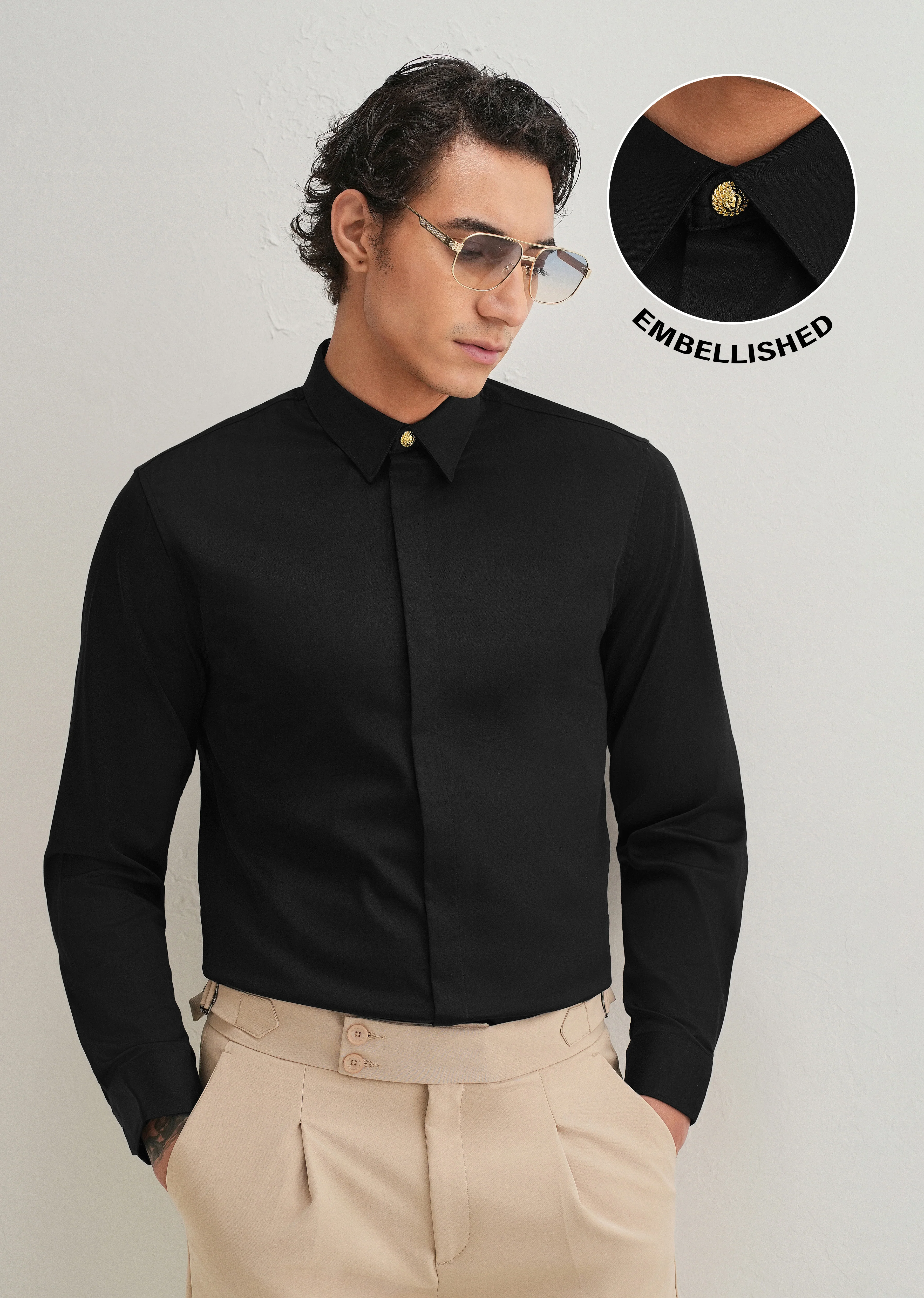 Lion Mane Embellished Black Designer Shirt