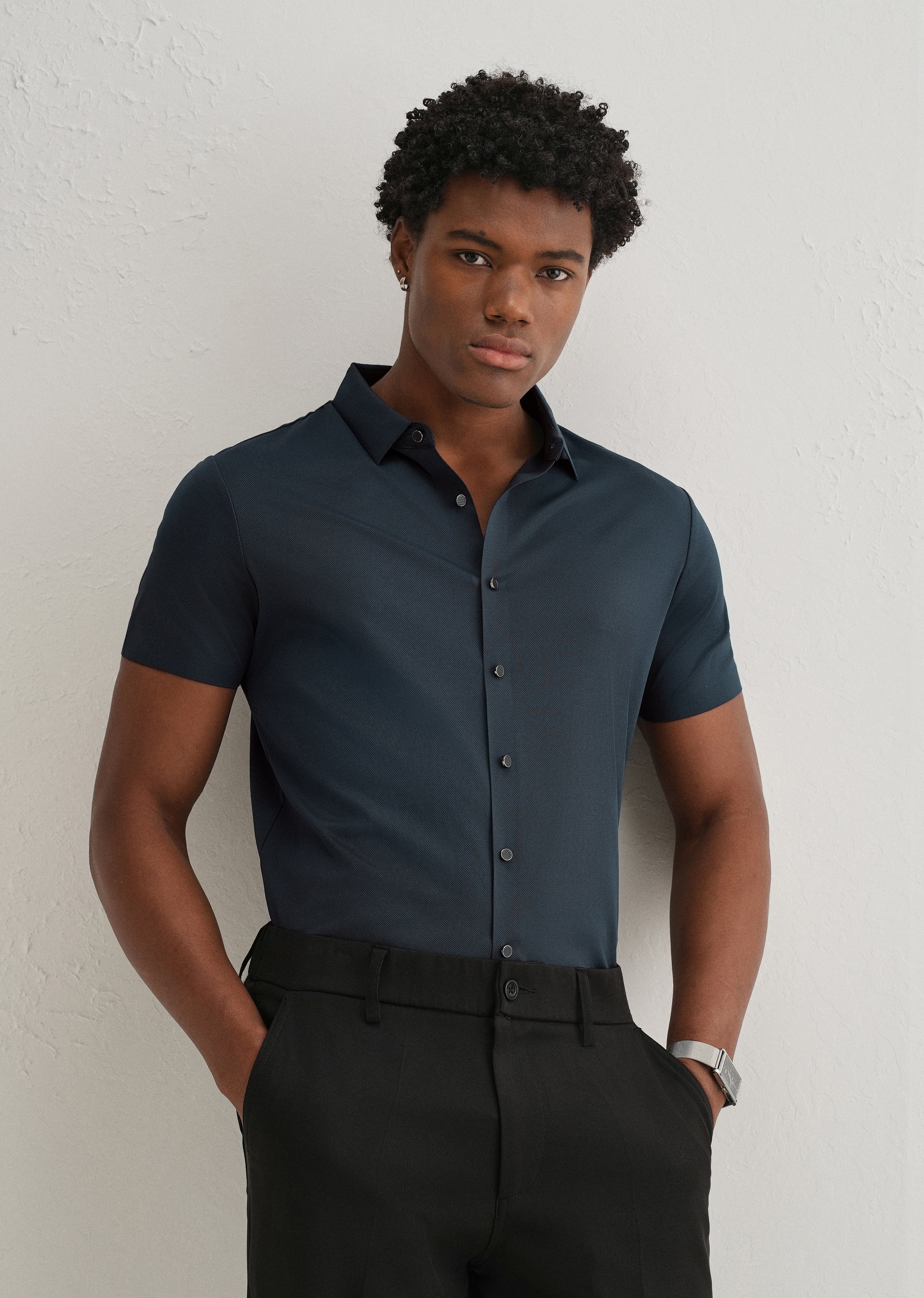 Navy Blue Stitchless Plain Half Sleeve Shirt