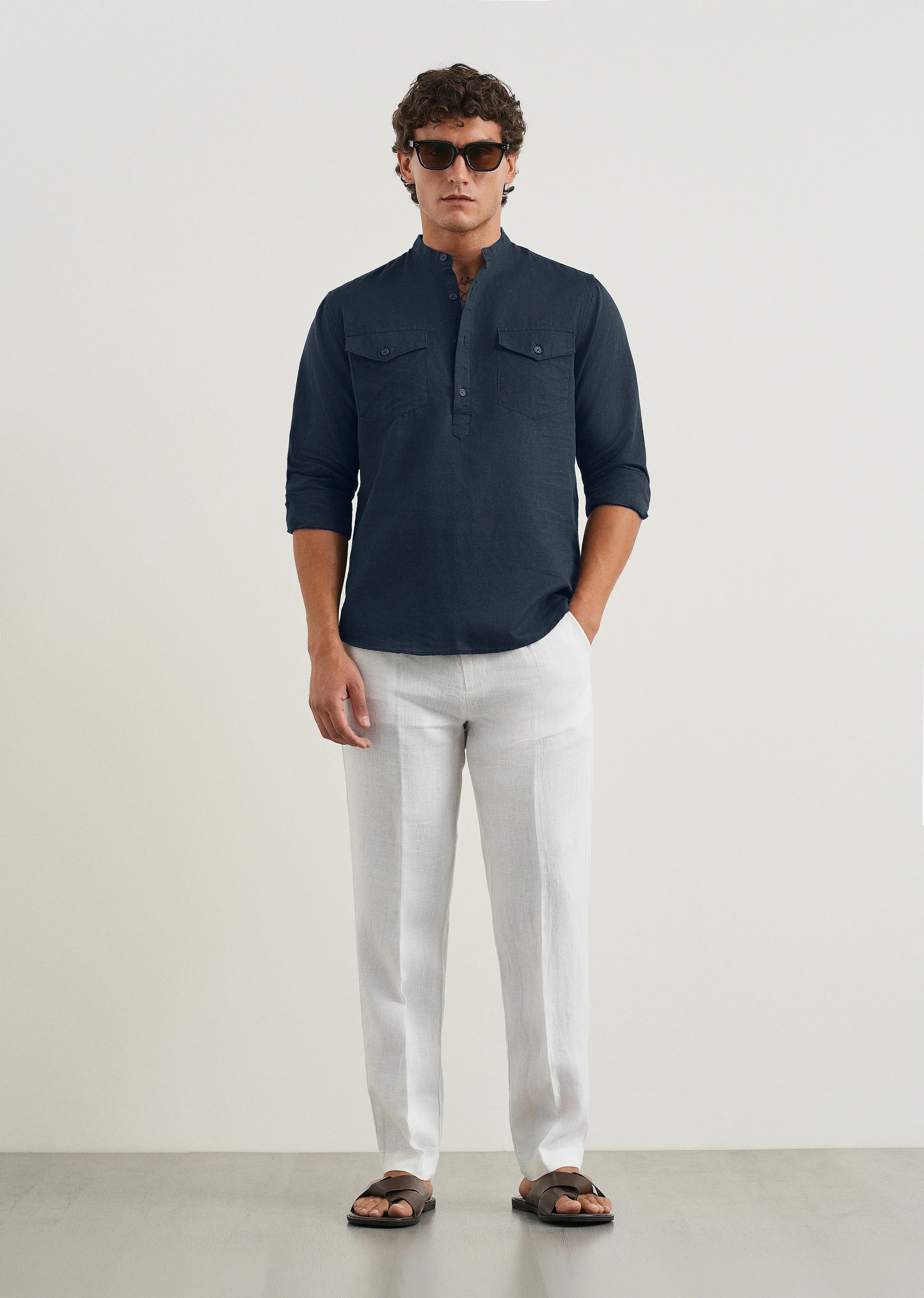 Navy Cotton Linen Short Kurta - Image 6