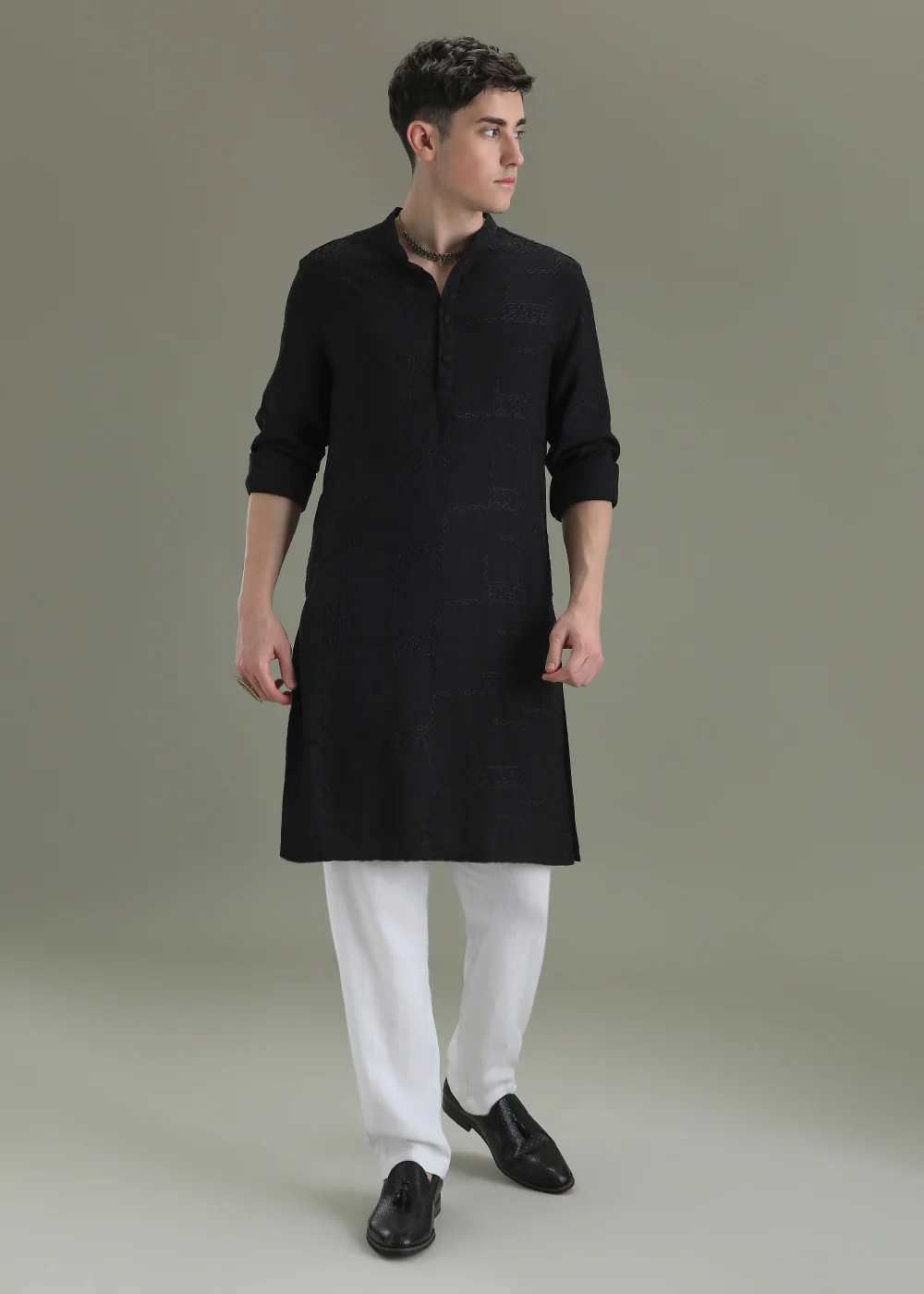 Night Black Self Thread Embroidered Kurta