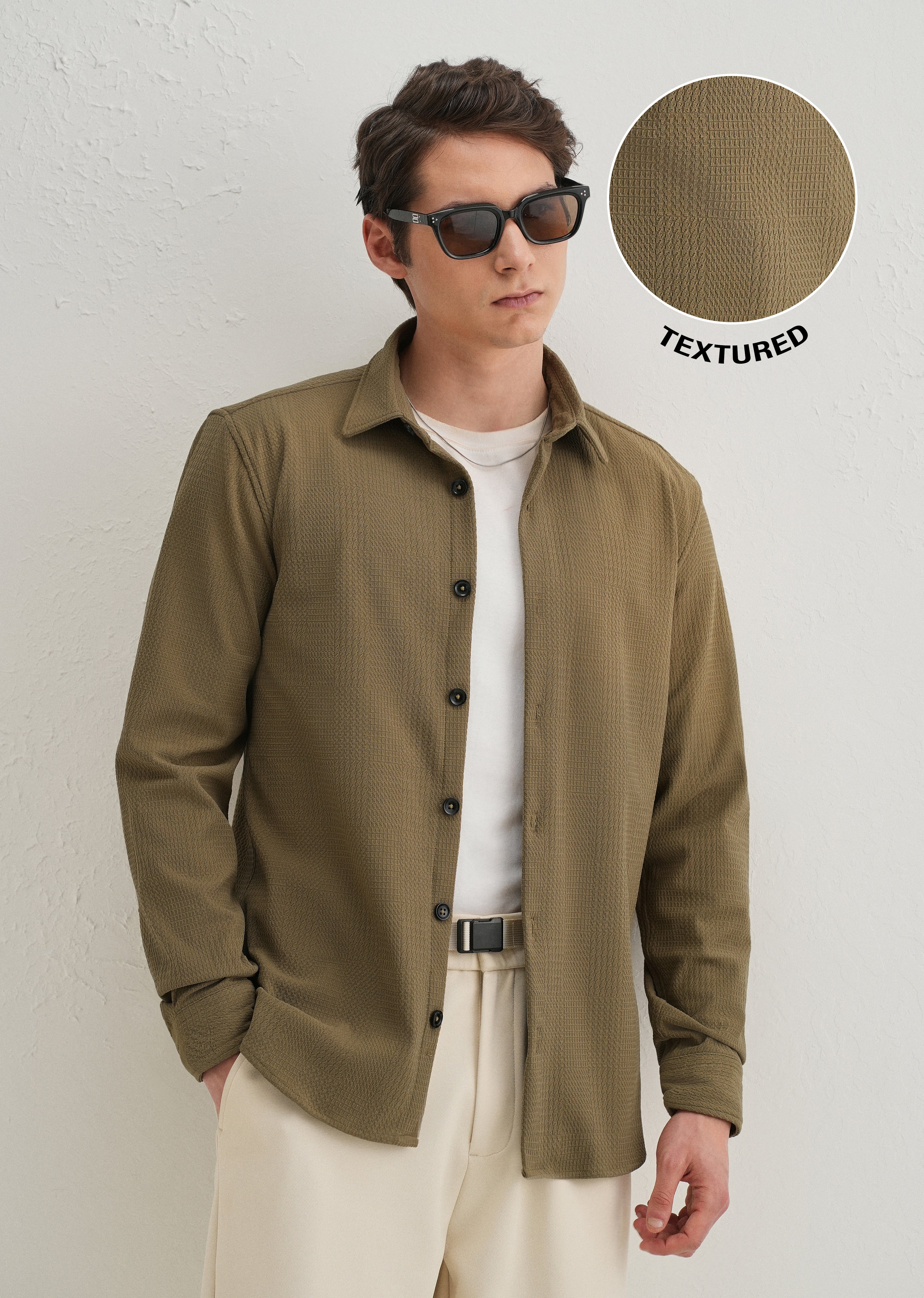Olive Green Grid Textured Knit Shirt
