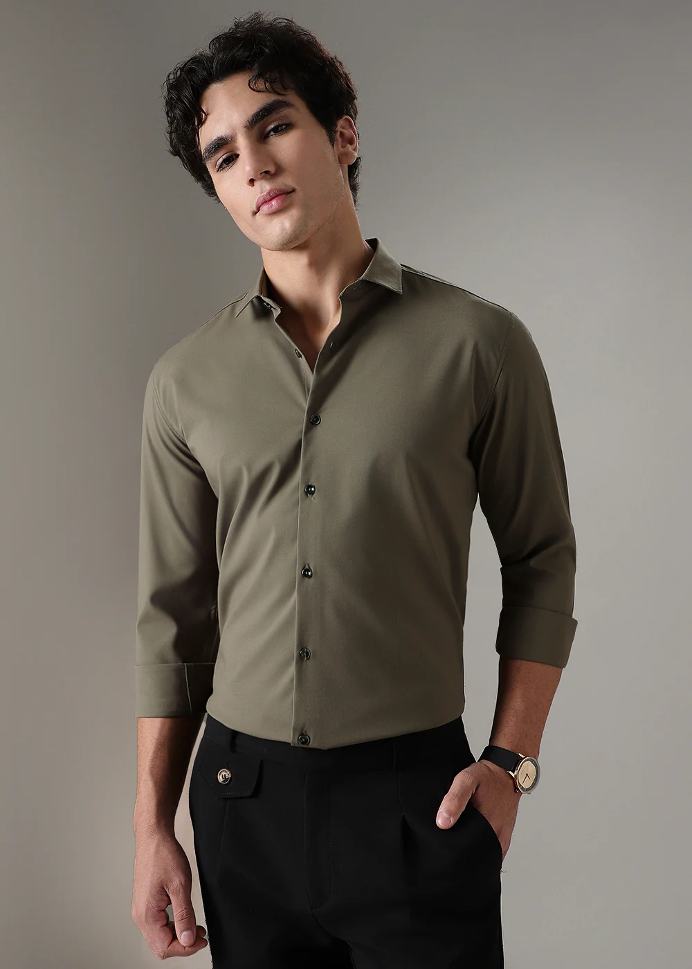 Olive Green Plain Wrinkle Free Shirt