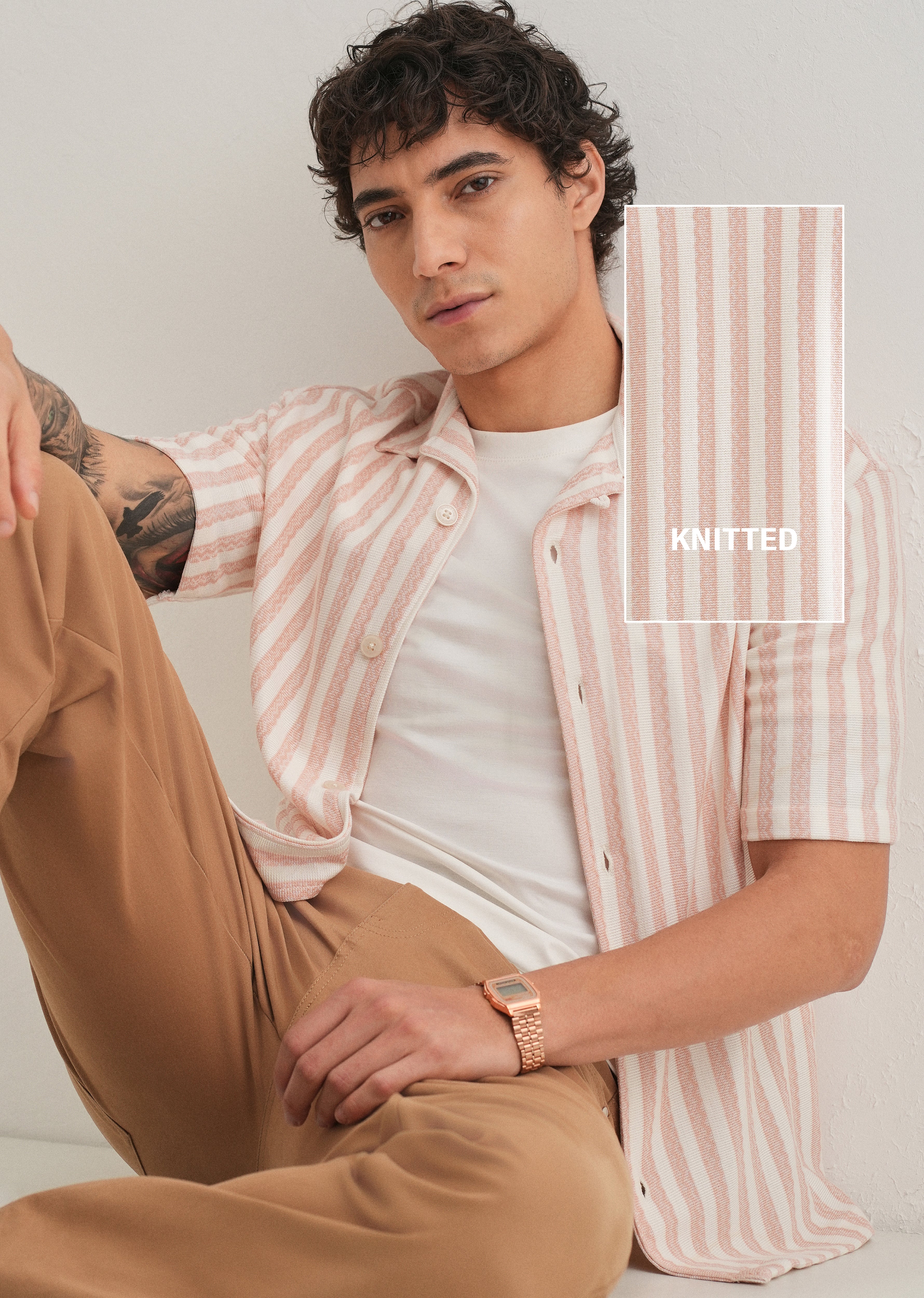 Peach Striped Knit Cuban Collar Shirt