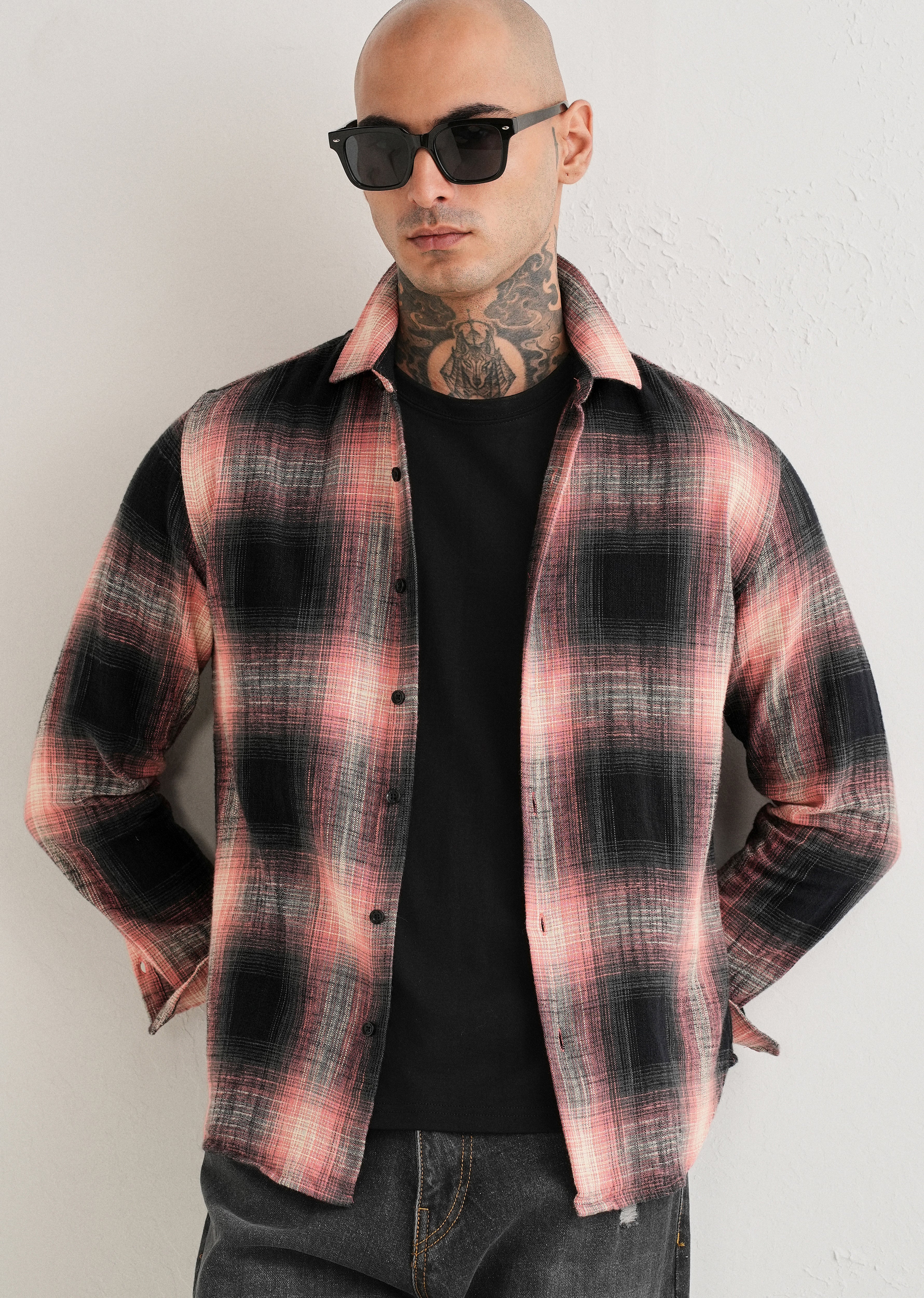 Red Cotton Linen Check Shirt
