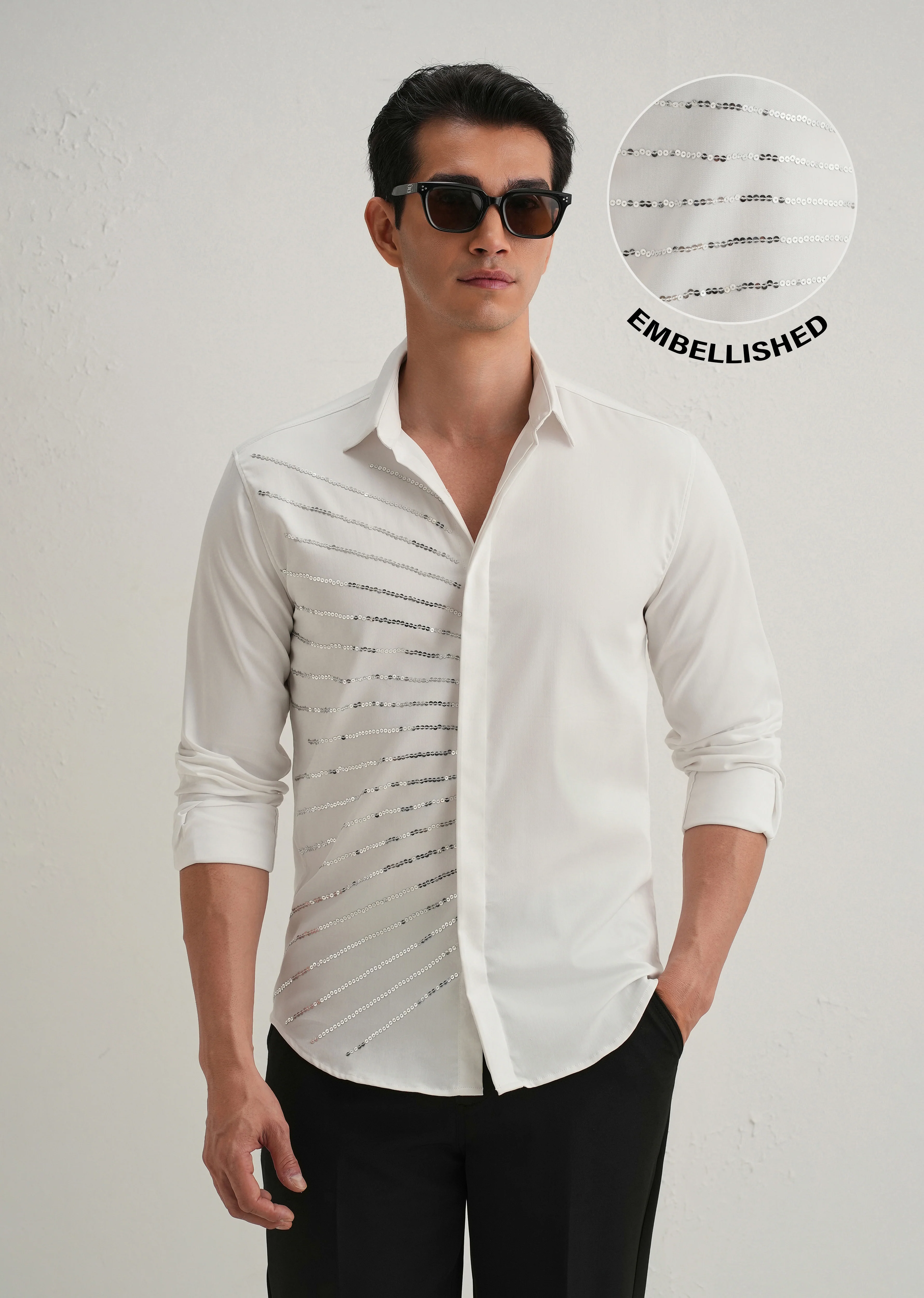 White Gradient Ray Sequin Designer Shirt