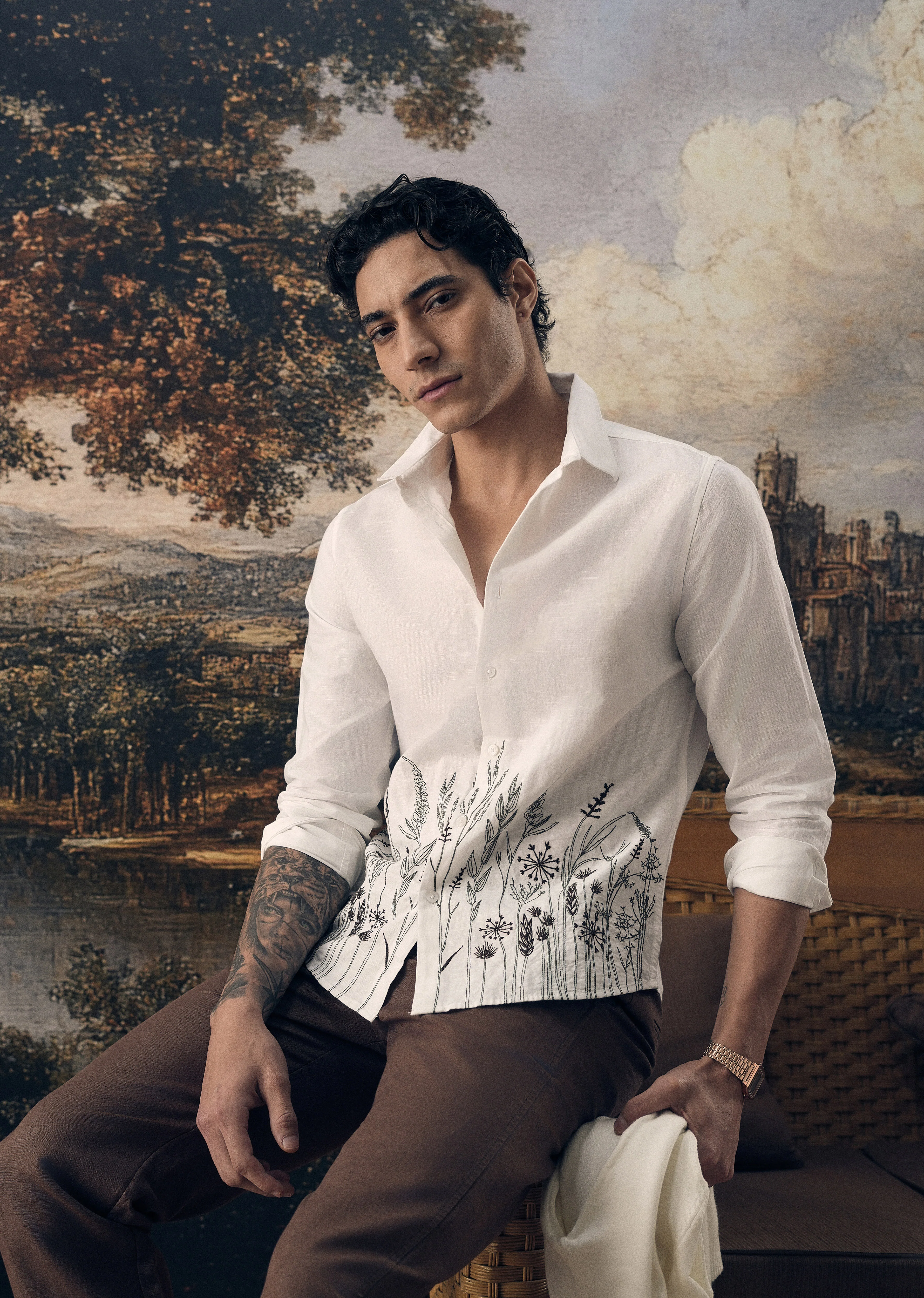 White Hem Embroidery Cotton Linen Shirt